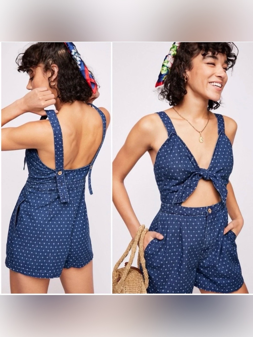 Free People Take Me Somewhere Chambray Tie-Front Romper in Indigo